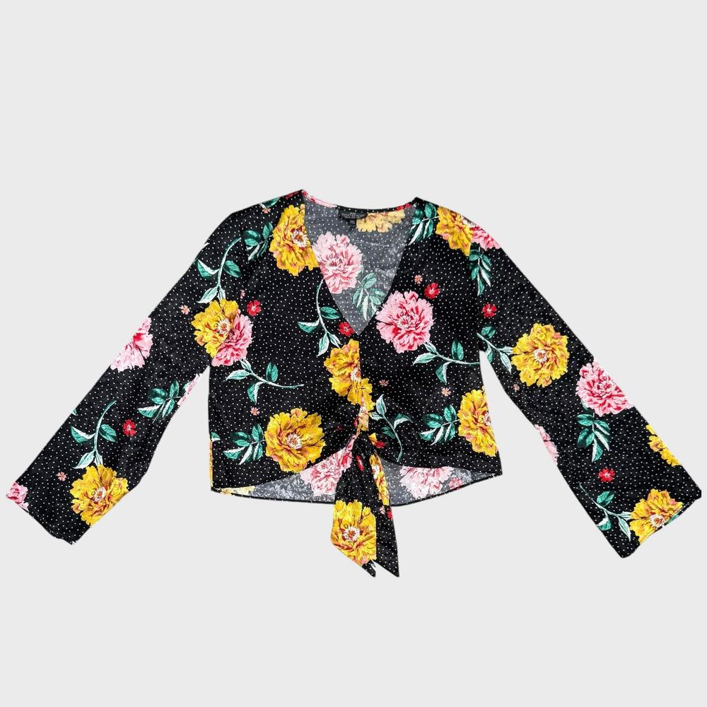 Topshop Small Cropped Long Sleeve Black Polka Dot Tie Front Blouse Vintage Chic